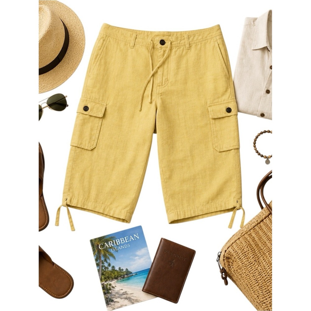 Cubavera Linen Blend Cargo Shorts Light Yellow Men's 42 Below Knee Tie Hem EUC
